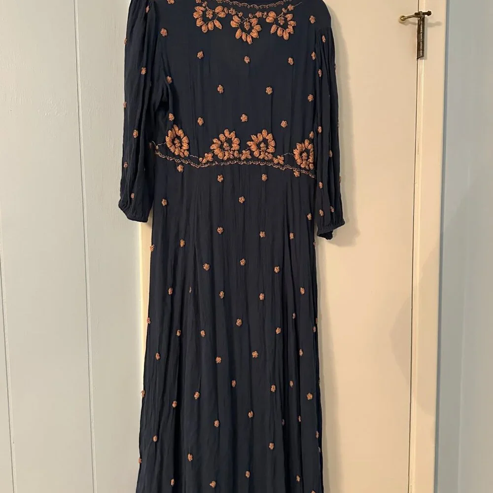 🩵Free People Dress Pink Embroidery V-neck Drawstring Midi Maxi Dress Size Small - Picture 7 of 8